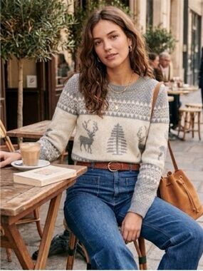 Heather Gray & Cream Holiday Reindeer Fairisle Crewneck Sweater